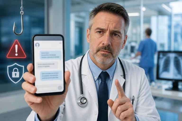 Doctor warning about a suspicious message on a smartphone in a hospital