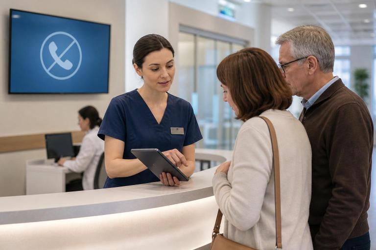 Create a clean editorial style hospital communication scene in a modern Russian